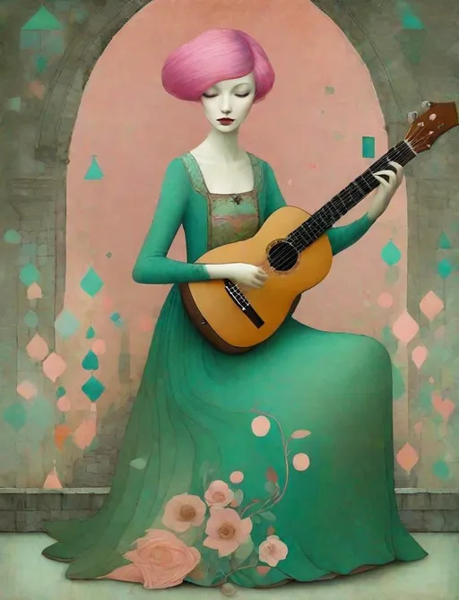 Prompt: The wandering girl wizard, with wild ombre gradient pink blue hair , plays a whimsical tune on her guitar, wearing a green and peach colored dress, STYLE: by Gabriel Pacheco, by Catrin Welz-Stein, by Kathleen Lolley, by Tara McPherson