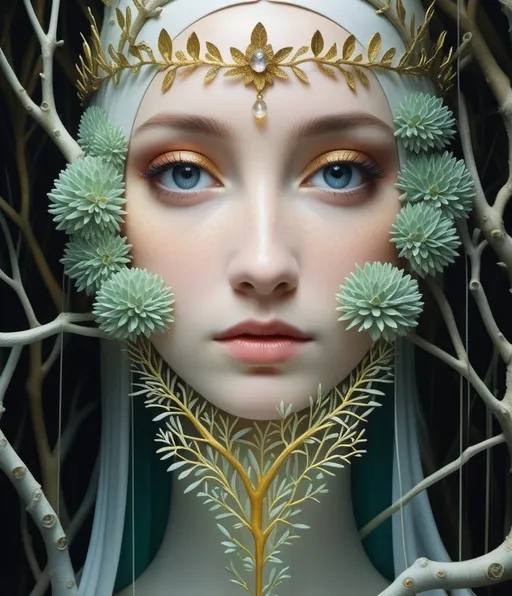 Prompt: Trompe l'oeil, a princess with mangrove crown, Vitreous enamel art by Anastazja Markowicz, Rebecca Louise Law, Caras Ionut, Yoann Lossel, Dan Hillier, Peter Lippmann, Abigail Larson