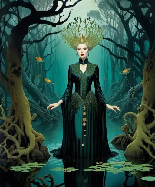 Prompt: swamp beautiful cursed heiress with mangrove crown surrounded by night creatures, art by George Barbier, Erwin Blumenfeld, Meret Oppenheim, Caras Ionut, Yoann Lossel, Dan Hillier, Peter Lippmann, Abigail Larson, Henri Fantin-Latour