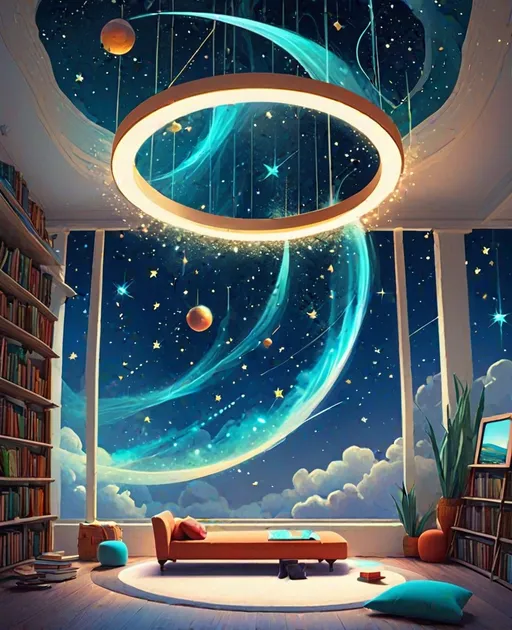 Prompt: art for a child's room, gantry of the imagination, a good book is the launchpad, shoot to the stars, books are magical, nurserycore, simple shapes, charming, fanciful, wisps and flourishes 