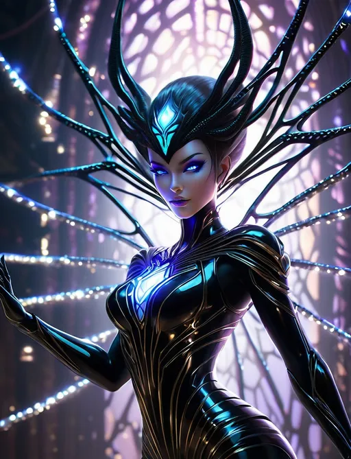 Prompt: a stunning evil alien spider queen, surrounded by filigree symmetrical webs of light, glowing, full body image by matt mills, artgerm and pino daeni, bokeh, shimmer, trending on artstation and cgisociety, sharp, crisp, ultradetailed, vibrant color, avantgarde, haute couture, intricately detailed, unreal engine, 32k, concept art, beautifully lit, shadow effect, hyper-realistic 