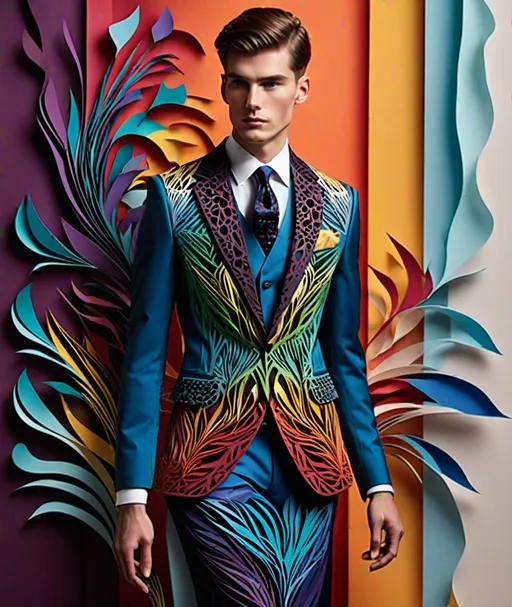 Prompt: chromatic chaos papercut dressed in sartorial ellegence 