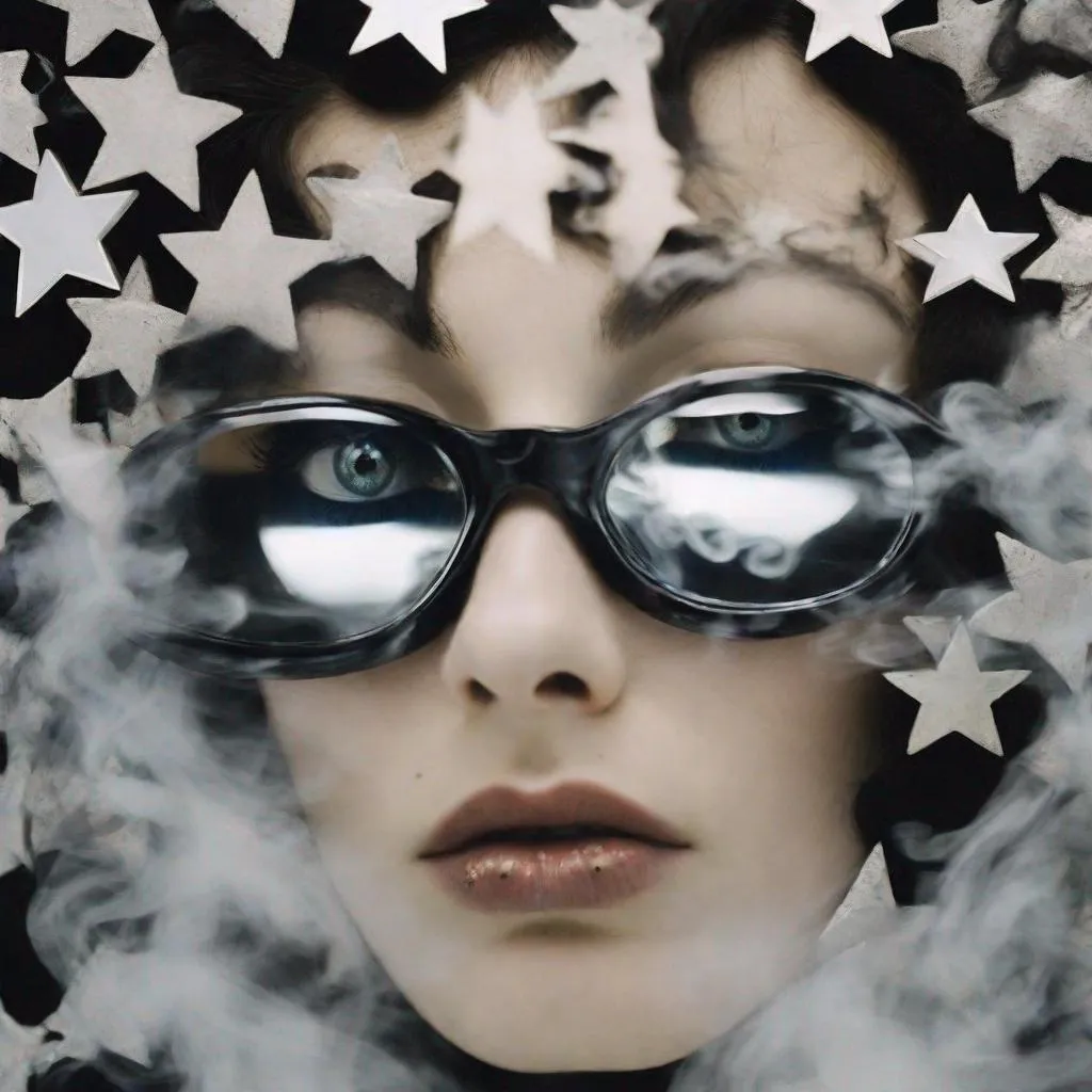 Prompt: smokes mirror mirror smoke and mirrors, closeup eyes and hair staring into asterism stars fornasetti style, by laurie simmons   