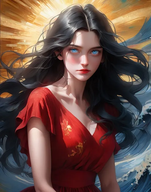 Prompt: Masterpiece: Woman portrait, mid 30's, long black messy hair, greyblue eyes, red dress, digital painting, by van Gogh style, 8k resolution, highly detailed, ultra-high quality, ethereal atmosphere with god rays, iridescent gold tones, cinematic lighting, sumi-e