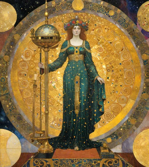 Prompt: heliocentric princess space, lady justice by  gustav klimt 