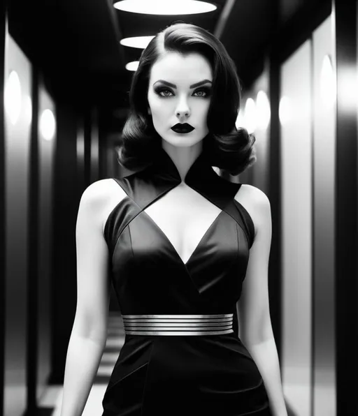 Prompt: Black metal, sharp crisp detailed hyper-realistic black and white retrofuturistic film noir photography, elegant black dress 