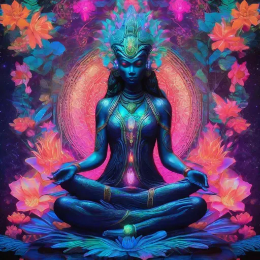 Prompt: bioluminescent alien goddess sitting in a perfectly still lotus pose surrounded by neon floral decoupage backdrop