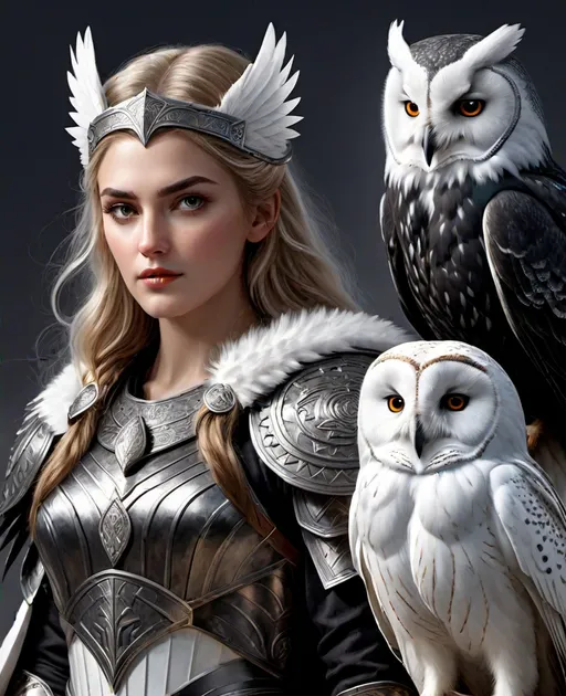 Prompt: A girl of stunning beauty in Greek armor with a white spear and a white owl on her shoulder stands relaxed on the Bifrost, waiting for the approaching Odin with ravens on his shoulders and a black spear 