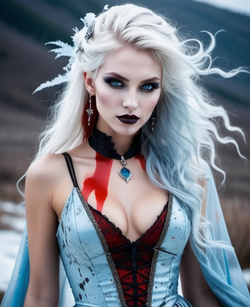 Prompt: sleek vampire goddess, medieval grunge gown, splattered red face paint, white wind blown hair, ice blue eyes 