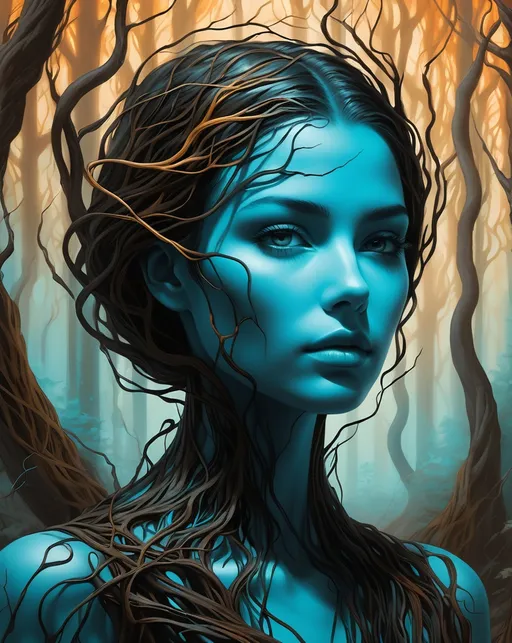 Prompt: will-o'-the-wisp: A surreal portrait of a woman with a face made of vines, standing in a carboniferous forest of twisted trees, rendered in a crisp neo-pop style with a color palette of light cyan and dark amber. The graphic illustration captures the otherworldly quality of the scene, while the burnt and charred textures add an element of mystery and intrigue. 