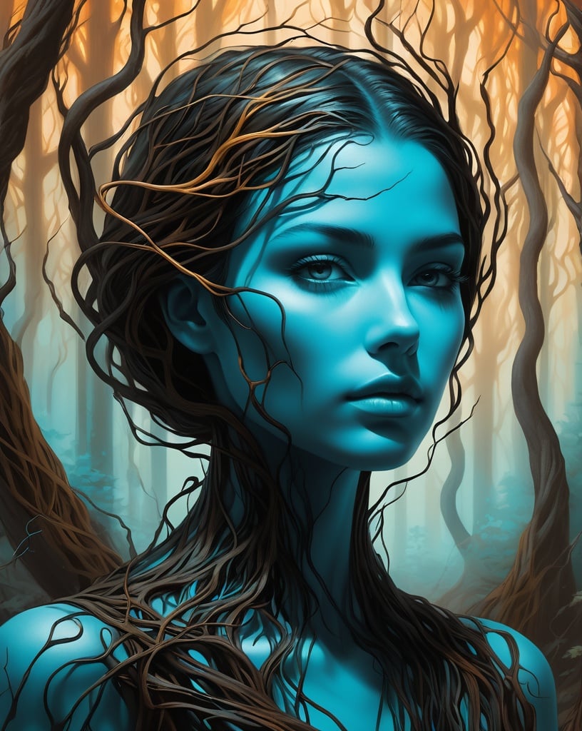 Prompt: will-o'-the-wisp: A surreal portrait of a woman with a face made of vines, standing in a carboniferous forest of twisted trees, rendered in a crisp neo-pop style with a color palette of light cyan and dark amber. The graphic illustration captures the otherworldly quality of the scene, while the burnt and charred textures add an element of mystery and intrigue. 