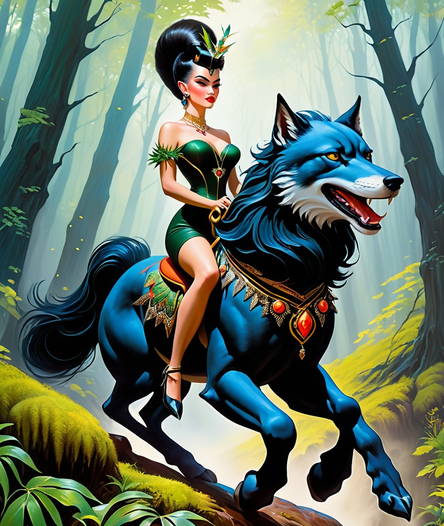 Prompt: Beautiful elf Sorceress riding a worg. Sartorial elegance. Glitz. Detailed hyperrealistic pulp illustration. Confidence. Swagger. Polished. Energy. Movement. Eyeliner. Mascara. Lipstick. Art by Gil Elvgren, Philippe Druillet, Frank Frazetta, Gustav Klimt. Frida Kahlo. Dark forest.