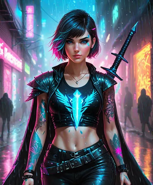 Prompt: female warrior with brunette pixie haircut with blue streaks. glowing neon pink tattoos over her midriff. she wears a black cropped tank top and leather pants. a long flowing tattered cloak shields her from the rain. her sword glows bright blue like burning plasma. she walks through graffiti punk neon cityscape 