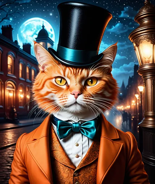 Prompt: orange cat with a moustache and top hat in a victorian setting at night, photo realistic, hyper realistic, highly intricated, high definition HD 