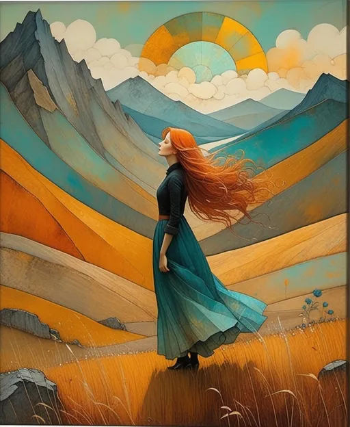 Prompt: Craquelure, tempera, Fragmented composition oil textured art by Iren Horrors, Sam Toft, Gabriel Pacheco, style of Odilon Redon, Degas style, Theophile Steinlen: the beautiful lady with the long blowing floating in the wind peach ombre hair in the middle of nowhere, she melts into mountainous landscape, bright decoupage, impasto.