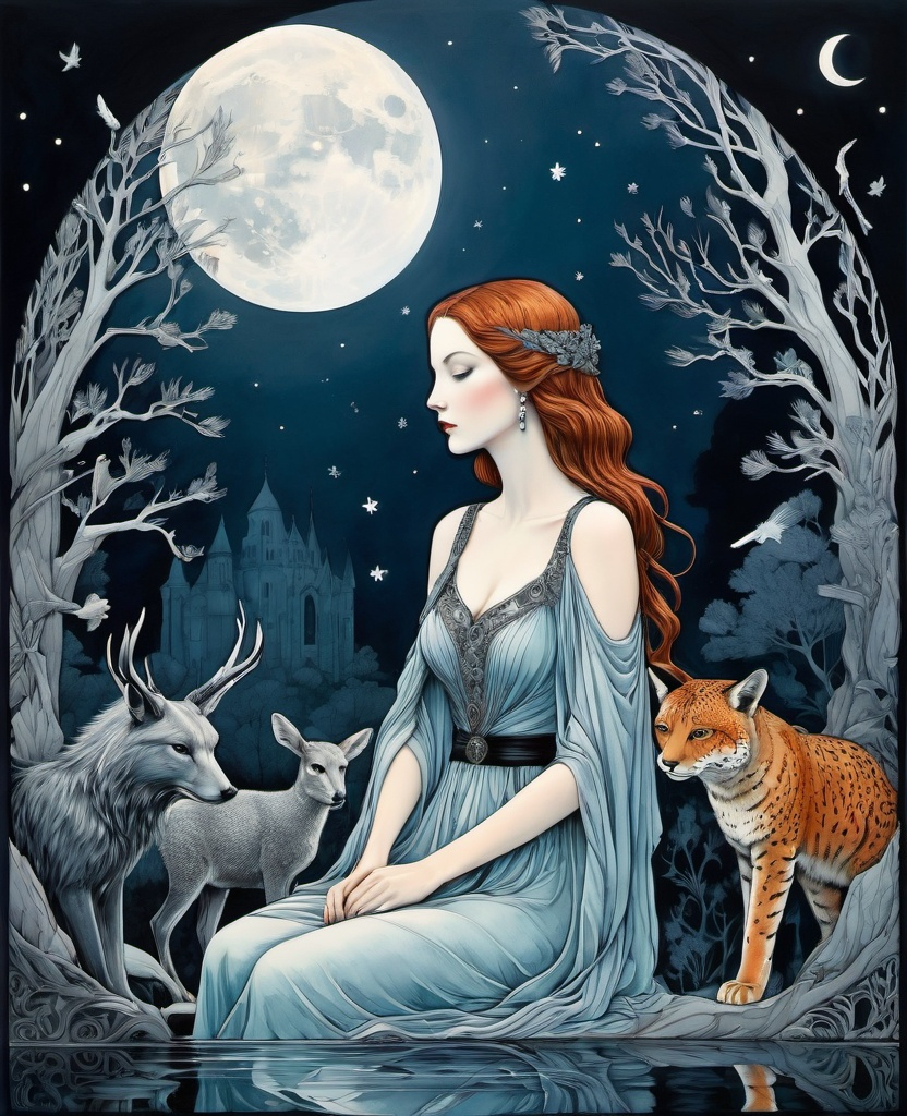 Prompt: She is a mysterious Lady of the moonlight night surrounded by animals style of Daarken, Jessica Durrant, Sophie Delaporte, Charles Maurice Detmold, Robert Gillmor, Amy Giacomelli. 3/4 body portrait, Cold Chrome colors tone, Extremely detailed, intricate, beautiful, 3d, high definition