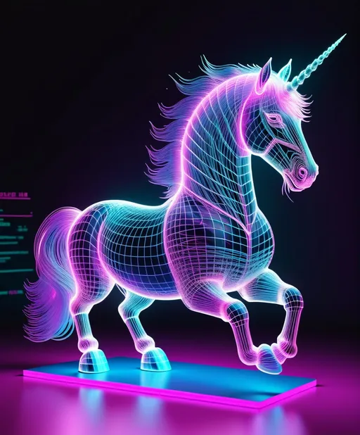 Prompt: vaporwave wireframe hologram of a unicorn 