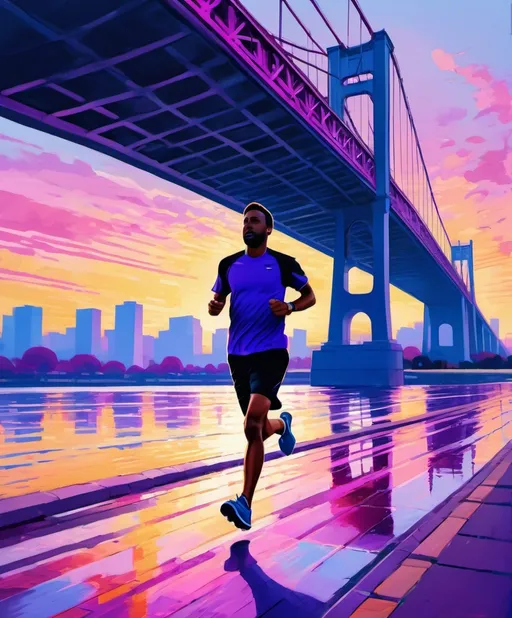 Prompt: a impressionist illustration of a person running a marathon on side walk along the river, bridge up river, low angle shot under running shoe, additional runners behind subject, early morning sunrise, feeling of happines, art that plays with scale, blue violet and magenta hues