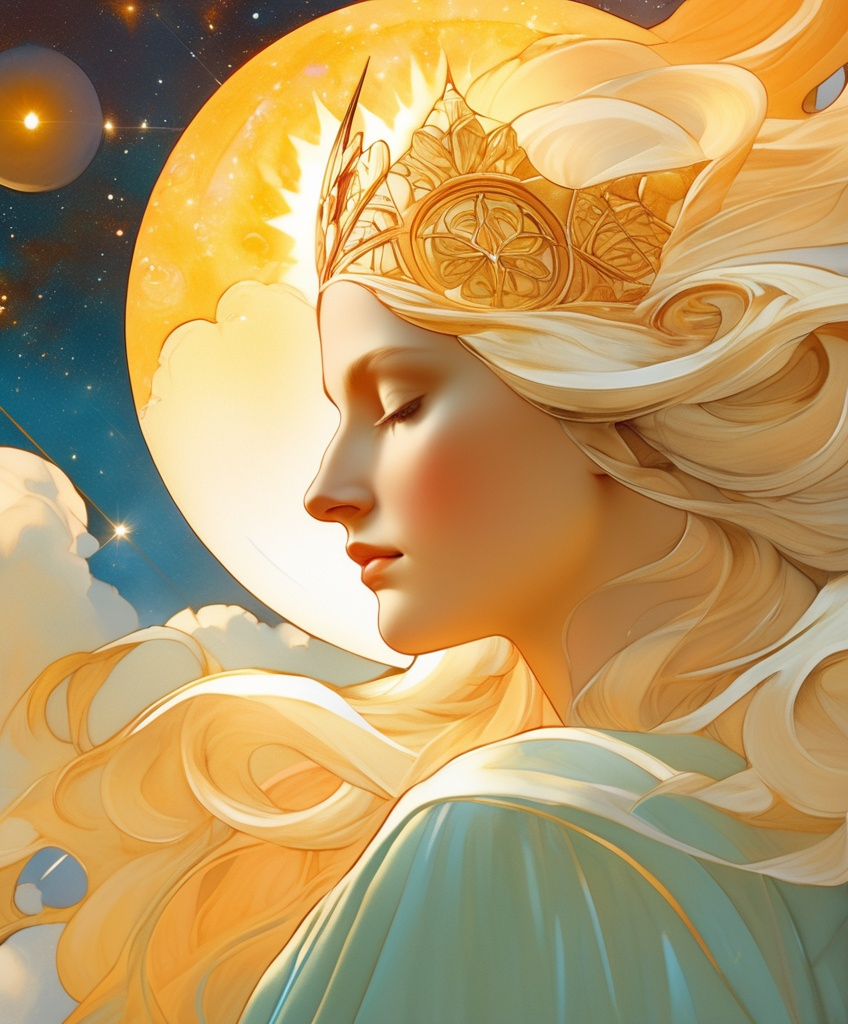 Prompt: Face of beautiful Norse goddess, Sol, as she looks down at the earth. She is glowing. Heliocentric. In the style of Maxfield Parrish and Alphonse Mucha and Moebius