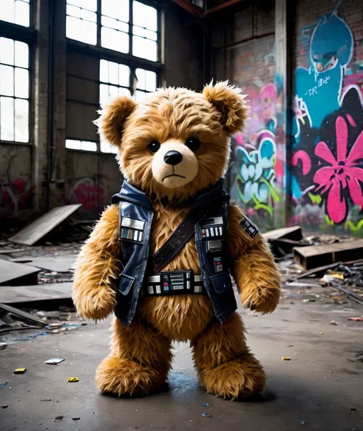 Prompt: a cute but angry teddy bear, dressed up in a star wars costume, in a old factory covered with graffiti