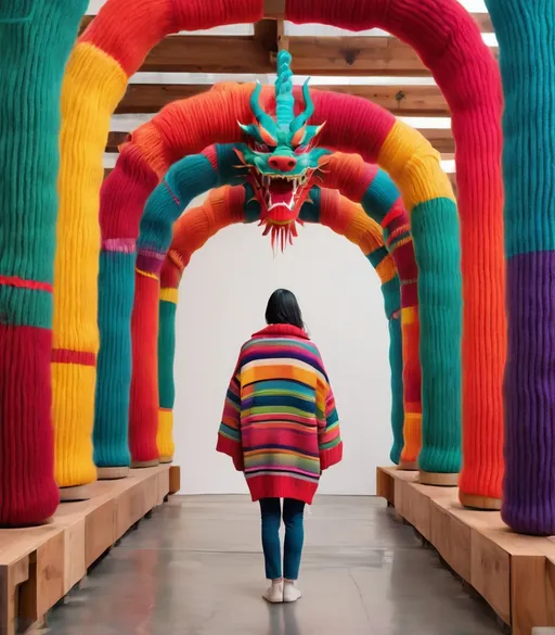 Prompt: Japanese dragon in vivid colorful ugly sweater walking passed huge minimalist yarn symmetrical corrugated grand yarn columns, by elsa bleda