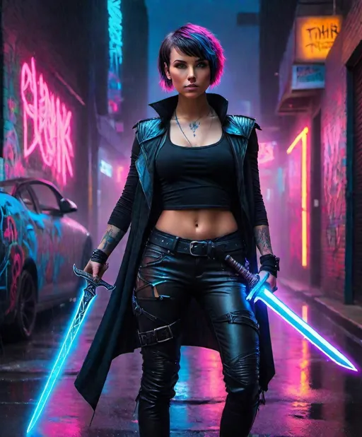 Prompt: female warrior with brunette pixie haircut with blue streaks. glowing neon pink tattoos over her midriff. she wears a black cropped tank top and leather pants. a long flowing tattered cloak shields her from the rain. her sword glows bright blue like burning plasma. she walks through graffiti punk neon cityscape 