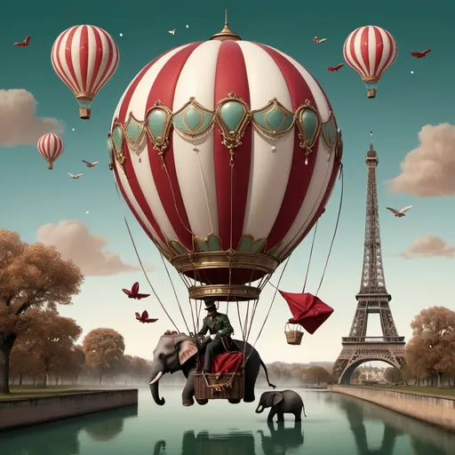 Prompt: A whimsical, fantastical scene set at twilight with a large red and white striped hot air balloon in the sky. Attached to the balloon, instead of a basket, there's a seat where an elephant is flying. The elephant is adorned with a red blanket with gold trimmings and has a person in a red jacket and post rider hat astride it, holding reins. Another individual in a green coat and hat is seated beside the elephant, perhaps on a floating platform, observing the surroundings. Below them, the Eiffel Tower stands tall amidst floating paper airplanes. The atmosphere is magical, with a clear blue sky speckled with stars, and the overall color palette is in warm sepia tones, lending a vintage look with steampunk gantry elements.