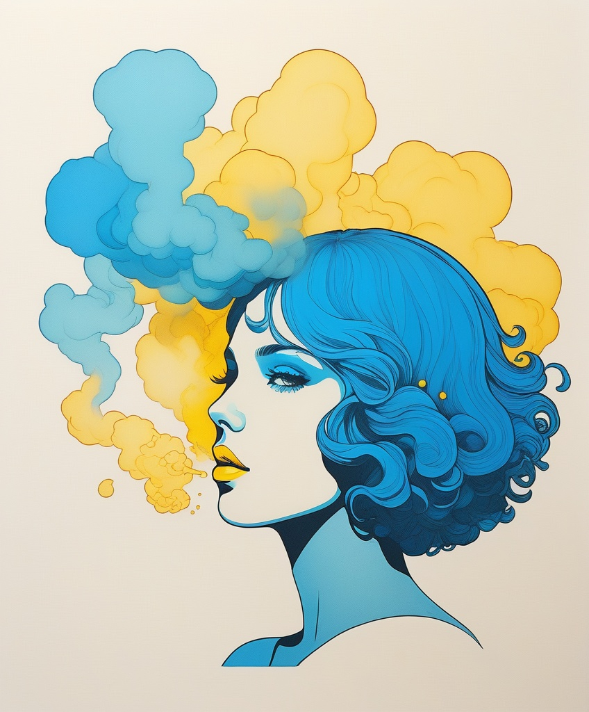 Prompt: laser etched pop surrealism blue haired woman portrait, yellow smoke, high contrast, flat design 