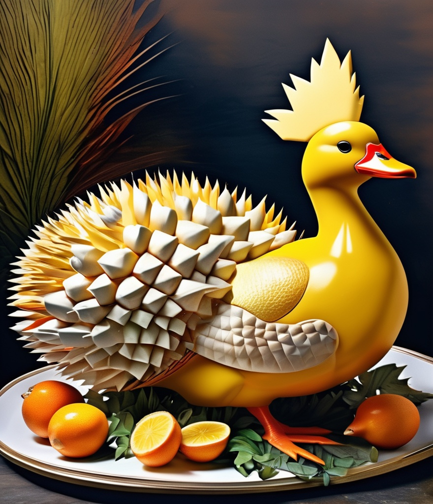 Prompt: A surreal depiction of a 'Durian Turducken'. Imagine a large, stylized turkey with a surrealistic twist in a dreamlike landscape. As the turkey is sliced open, it reveals layers of a duck and then a chicken, each progressively smaller. Within the innermost layer, the chicken, there's an unexpected core: a durian with its spiky exterior and creamy interior. This bizarre combination creates a striking contrast between the poultry and the exotic fruit. The background is whimsical and dreamlike, enhancing the surreal and imaginative nature of the concept. --no depth of field