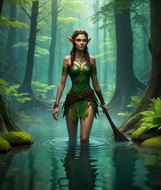 Prompt: A lovely wood-elf wading through a hot spring in a carboniferous forest, high quality, cinematic quality, vibrant colors, dramatic lighting, 4k, 