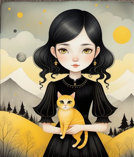 Prompt: Ghastly young lady wonder, wearing a floating Black dress, holding a beautiful yellow cat, Lim Heng Swee, Marc Johns, Mary Engelbreit, dreamy landscape background, piercing odd colored eyes, encaustic texture.