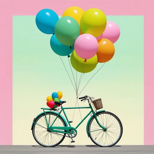 Prompt: Digital abstract primitive painting, A bicycle rising into the sky on balloons, simple lines, color from dopamine shades: pink, yellow, green, blue, orange, light green, the style of the artist David Hockney, minimalism style, dopamine decor