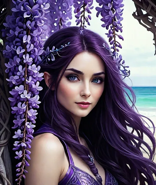Prompt: female on wisteria beach, dark elven aesthetic , daniel brown graphic realism scuffs contrasting colors separation scheme, wisteria fractals, top view 