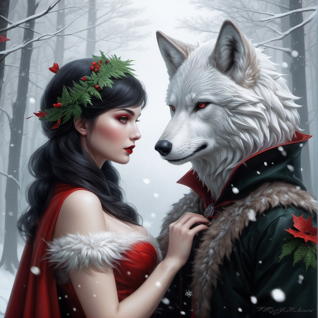 Prompt: The beautiful Red Riding Hood is in love with the anthropomorphic Big white Winter wolf man , detailed, fern leaves, Snow, by artgerm, tom bagshaw, Megan duncanson, James Jean, shaun tan, madoka magica, by kay nielsen, embossing fairy tale, whimsical, trending on artstation. Super clear resolution, elegant beautiful, lovely, best quality, beautifully lit, vray tracing