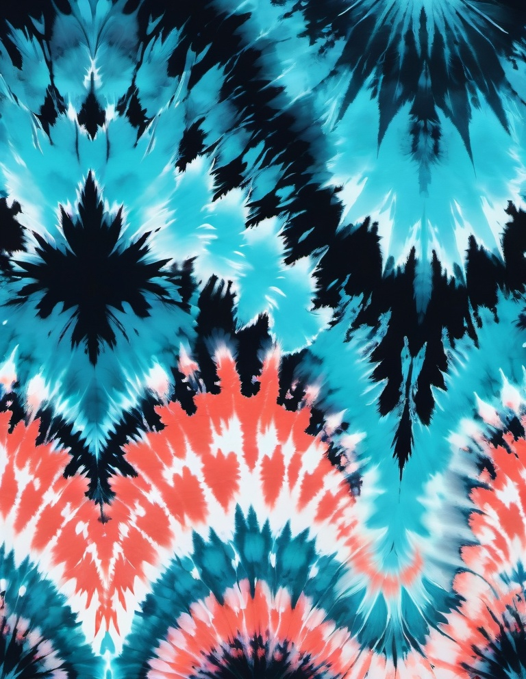 Prompt: the intricate tender details of a frosty tie-dye pattern set against a dark and mysterious backdrop, the smooth gradient of cyan and salmon hues blend together in a stunning display of color, metaphorical chicken, frozenpunk