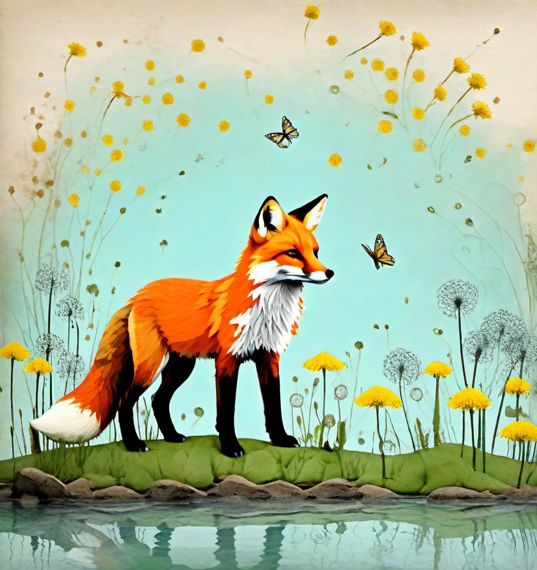 Prompt: fox in the river bank, dandelion, Fairytale style, faded paper, mixed media, lined  