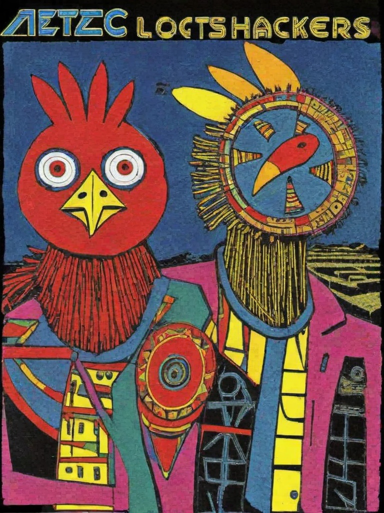 Prompt: Aztec hackers Newly-discovered lost 1983 album from the band "TELEX" called "Metaphorical Chicken" , in the style of new wave, geometric abstraction, neo geo, decocore:: art brut 