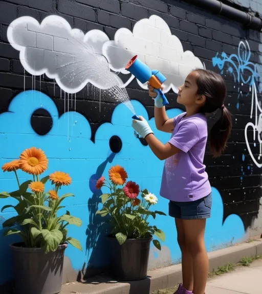 Prompt: girl watering flowers carefully, graffiti of a cloud raining in background