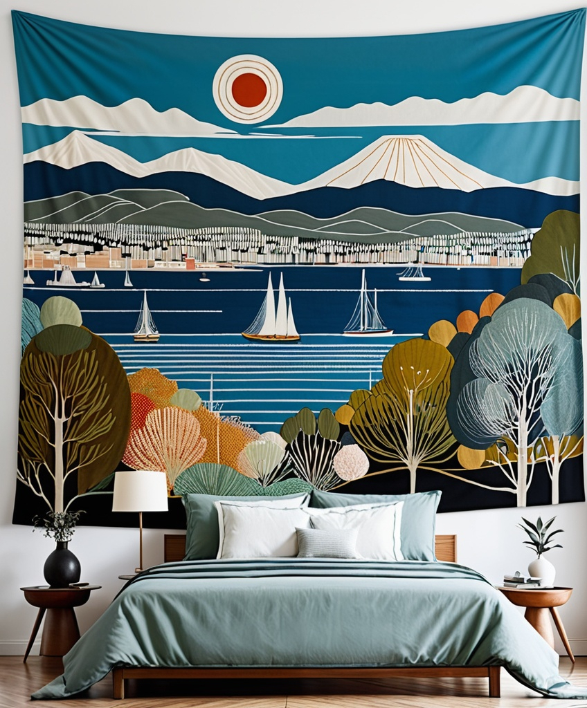 Prompt: Whimsical tapestry depicting Hobart harbour with view of mount wellington , mid century modern by hilma af klint 