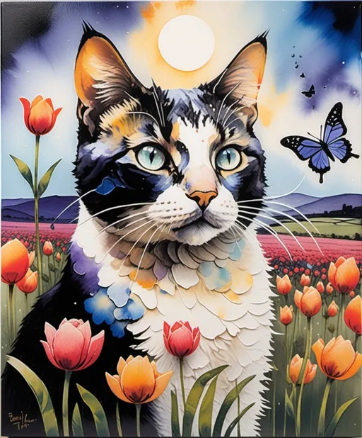 Prompt: Art by Dean Crouser, Alfred Wallis, Javier Mariscal, Monica Blatton, Luminous encaustic texture, gradient bold crossed colors, profile of an expressive beautiful cat looking up with a butterfly perched in its nose, in a field of tea rose and periwinkle tulips, piercing odd colored eyes, twilight sky.