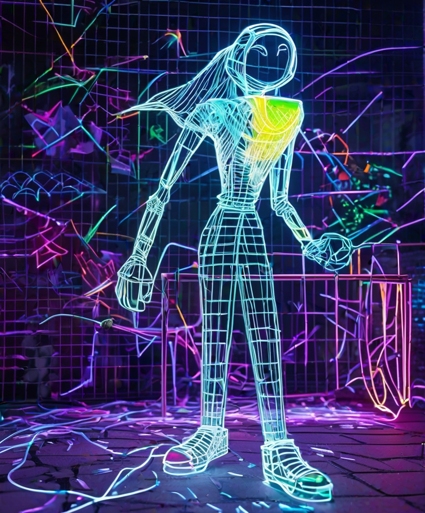 Prompt: hologram a pixar style cartoon but made for adults of a skinny thug creature spraying graffiti wireframe hologram string at a wall and painting a string light artwork out of neon glow thread that represent an angry stick woman, light artwork, wireframe hologram