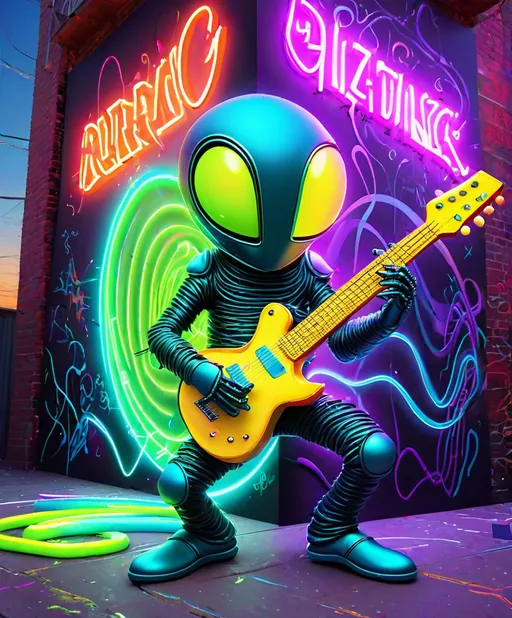 Prompt: heavy metal alien as pixar style cartoon but made for adults of a skinny thug creature playing guitar on a graffiti string at a wall and playing a string neon network artwork out of neon silk glow worm thread, daft punk light artwork, 3d rendering, octane render, virtual darkness, artful sacred geometry, art by ChrisWaikikiAI 