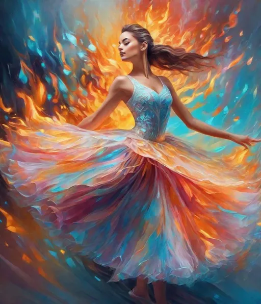 Prompt: gorgeous ballerina with flaming ice skirt, by painter fefe karol, in the style of dreamy portraits, seapunk, urban emotions, dynamic geodesic swirling musical notes whirling , surrealism, beautiful, breathtaking, striking, luminescence, 3D effect, vibrant colors, 4k, beautifully poignant, delicate pastel colors, high detailed 