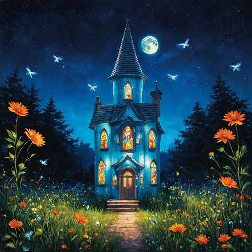 Prompt: Style by Julie Paschkis, Val Byrne, Mary Engelbreit, A whimsical and vibrant fairy-tale light blue tower house with a pointed roof and ornate stained glass windows that emit a warm, inviting glow. Surrounded by giant oversized, vivid orange wildflowers, the dark night sky behind is adorned with twin moons, casting a mystical light on the scene. The tower house's walls have a magical blue texture with hints of natural elements, suggesting an enchantment. Bright blue fireflies dance around the scene, enhancing the otherworldly and enchanting atmosphere.