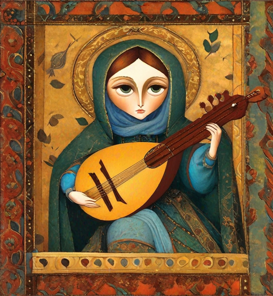 Prompt: big-eyed troubador playing a lute, medieval grunge, kitschy painting by margaret keane