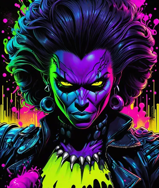 Prompt: movie poster of a sartorial cell shaded roguecore voodoo, she is a stunning powerful dark villain and rebell. excessive molecular bubble gum elements coloring, vibrant wild artful toxic neon biomechanic urban art smooth and elegant deep emotions strong expressions, negative space colorful ink painting