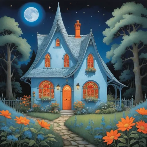 Prompt: Paolo Uccello, Mary Engelbreit, A whimsical and vibrant fairy-tale light blue cottage with a tall, pointed roof and ornate stained glass windows that emit a warm, inviting glow. Surrounded by oversized, vivid orange wildflowers, the dark night sky behind is adorned with twin moons, casting a mystical light on the scene. The cottage's walls have a magical blue texture with hints of natural elements, suggesting an enchantment. Bright blue fireflies dance around the scene, enhancing the otherworldly and enchanting atmosphere.