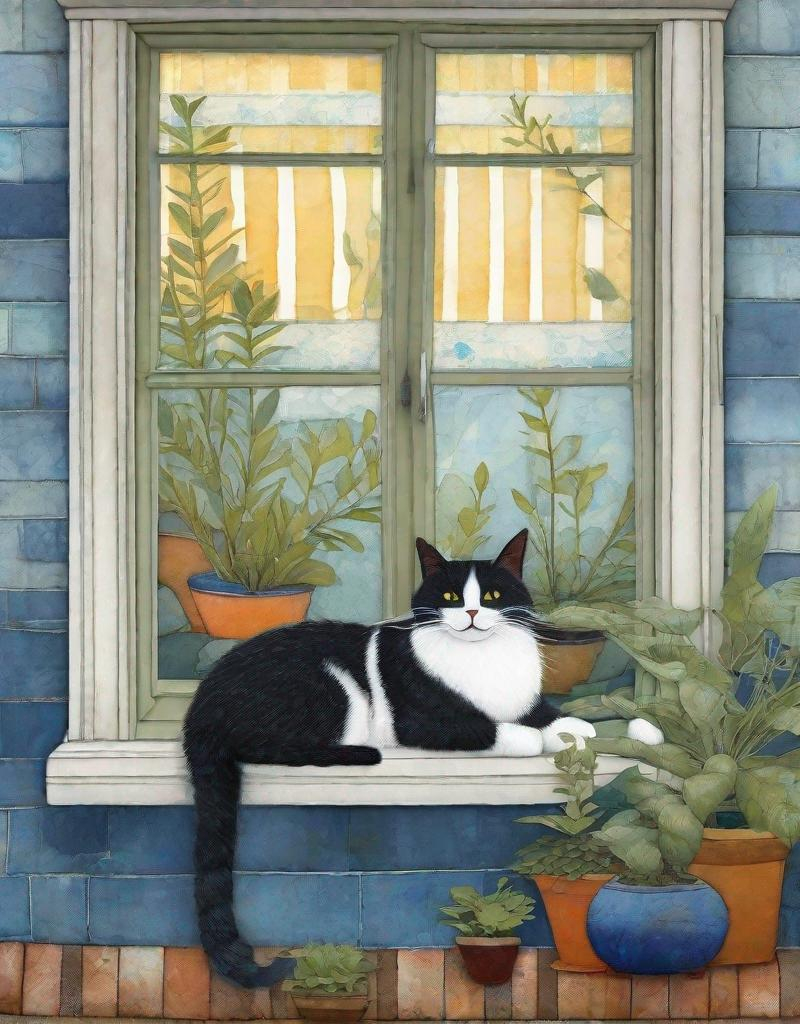 Prompt: whimsical illustration of a cat with indigo stripes, lounging in a sunlit window, surrounded by potted plants, art by Sam Toft, Jamie Heiden, Michael Creese. 3d, extremely detailed 