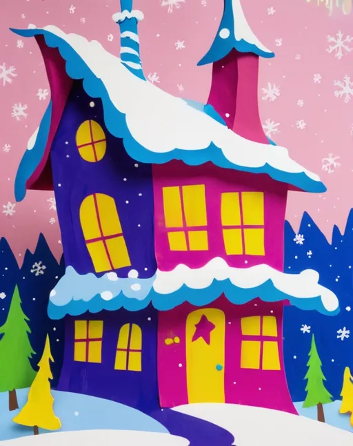 Prompt: simple, minimalistic, whoville house, multimedia paper and cardboard layers, acrylic paint, art exhibit, blurple pink yellow simple, minimalistic, whimsical winyer christmas whoville house, grinch, multimedia, flash, 2D, colorful cardboard layers, acrylic paint, art exhibit, blurple pink with winter snow, Christmas tree 