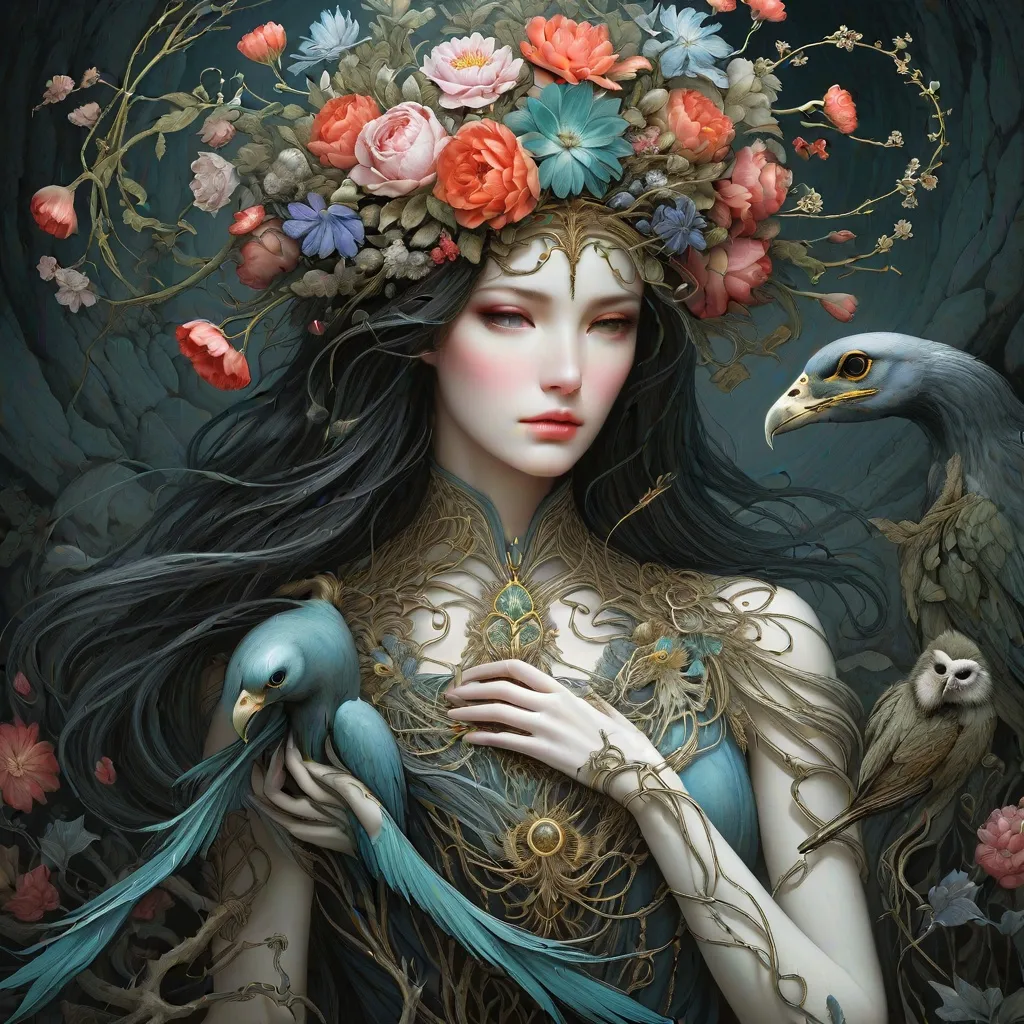 Prompt: flowers, floral, a very beautiful ephemeral woman phantom, bioffice horus ouroboros, creepy skeletal vining and twining, in the style of leonard baskin cave birds drawings, botanicalbentology, brian froud, lovecraftian Rie Cramer, Mike Dargas, Howard Chandler Christy, Michael Creese, Thomas Ascott 